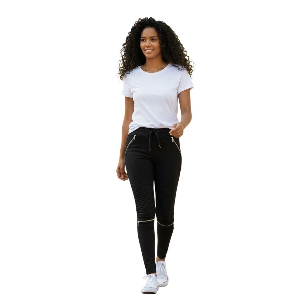 Shinestar Womens Black‎ Moto Joggers Ribbed Zipper Stacked Pants YP3197S Large